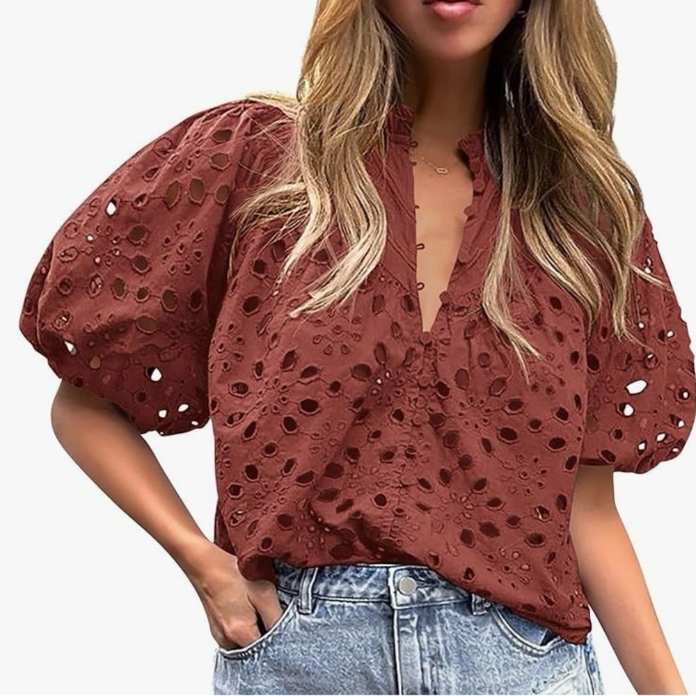 Elegant Eyelet Lace Puff Sleeve Top by Pretty Garden Size Small in Rust